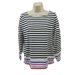 Talbots Black White Striped Top Size MP Long Sleeve Round Neck 100% Cotton Logo
